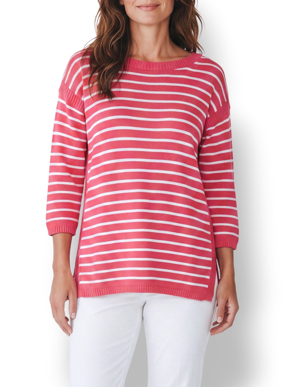 4/$20 Talbots Salmon Pink White Striped Cotton Blend Tunic Sweater Side Slits M